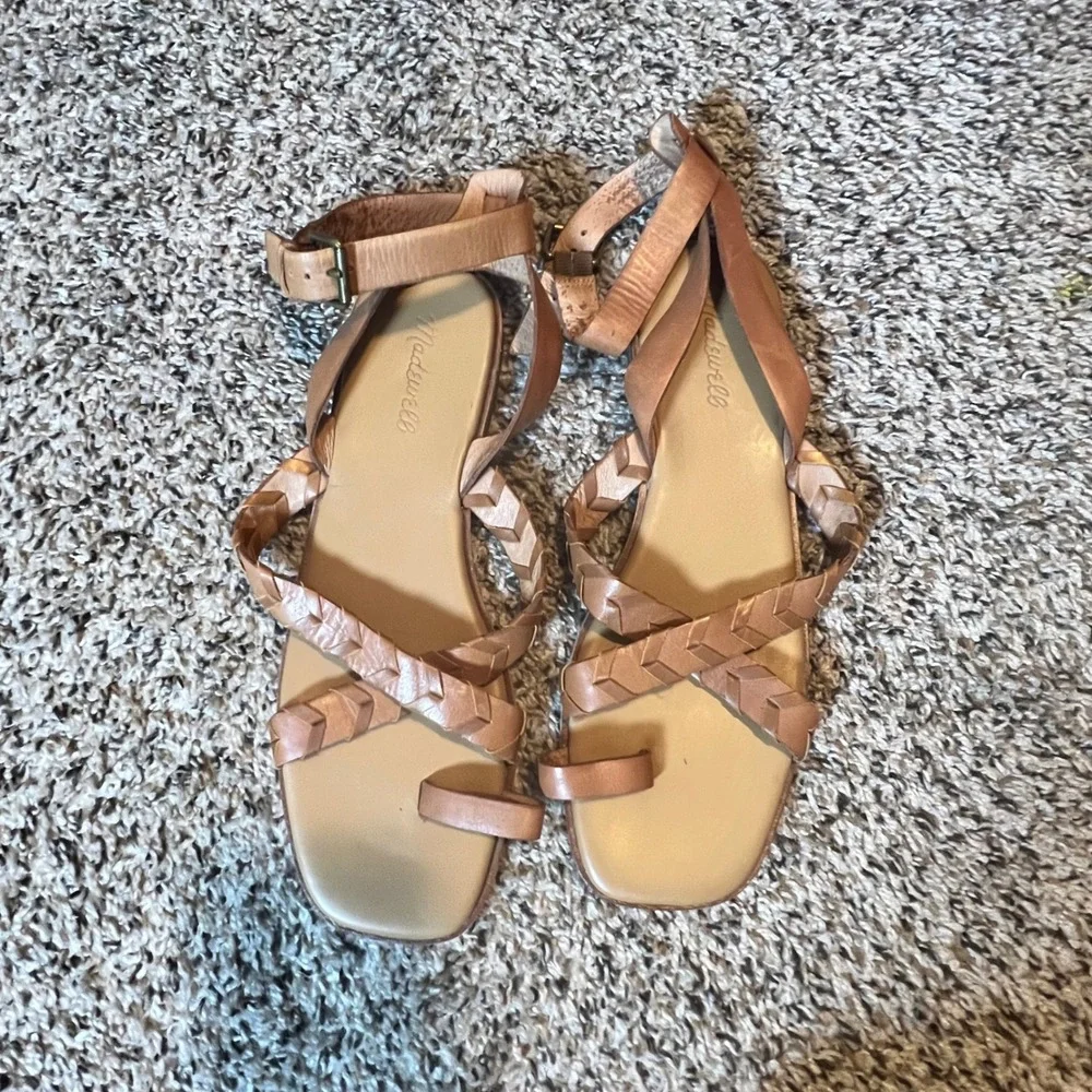 Madewell Tan Leather Braided Strappy Gladiator‎ Toe Loop Sandals Women 9.5 Flat